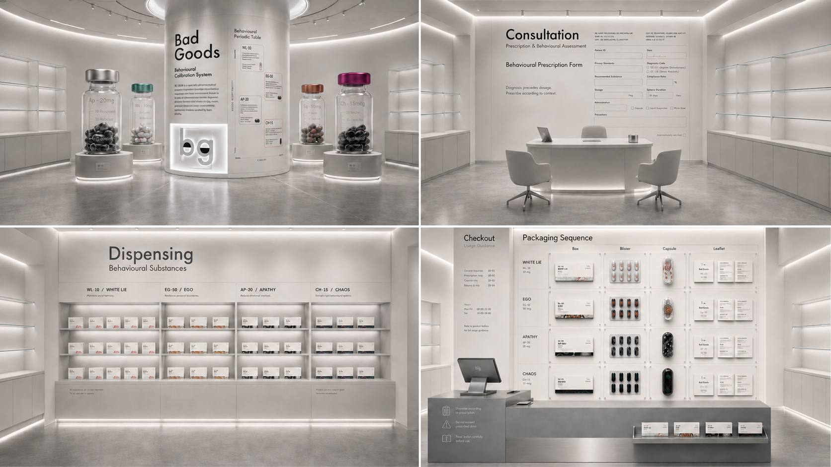 Four interior views showing the introduction, consultation, dispensing and checkout zones of Bad Goods.