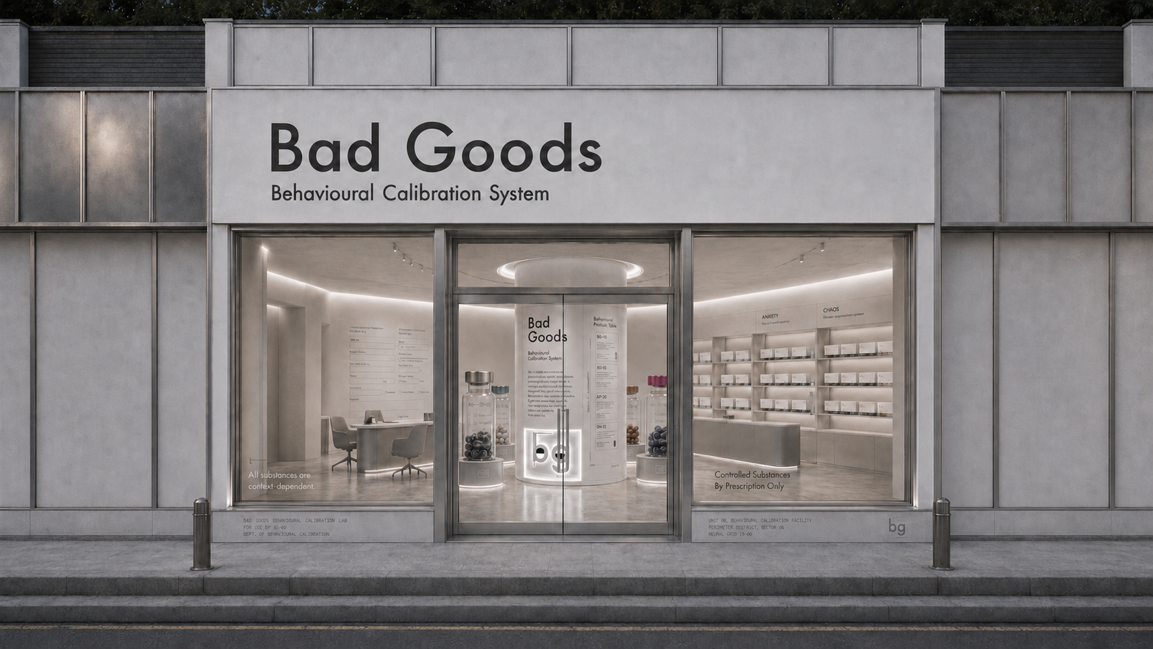 Exterior view of the Bad Goods behavioural pharmacy storefront at night.