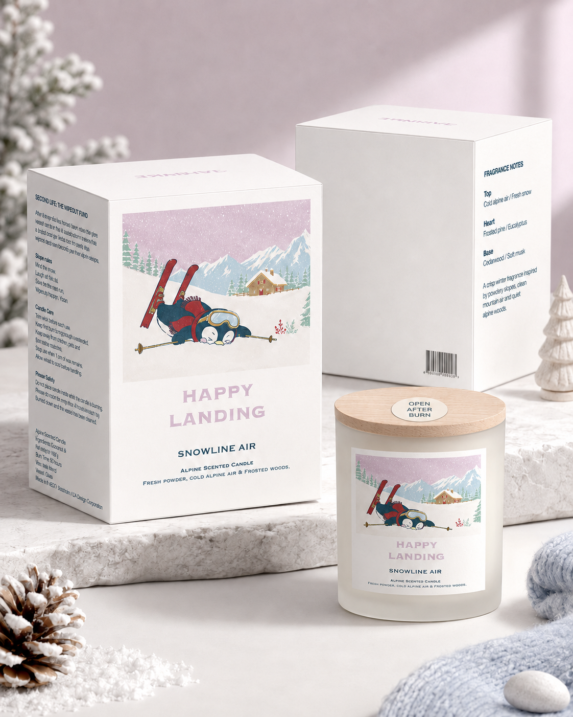 Happy Landing candle and two winter packaging boxes styled in a snowy retail scene.