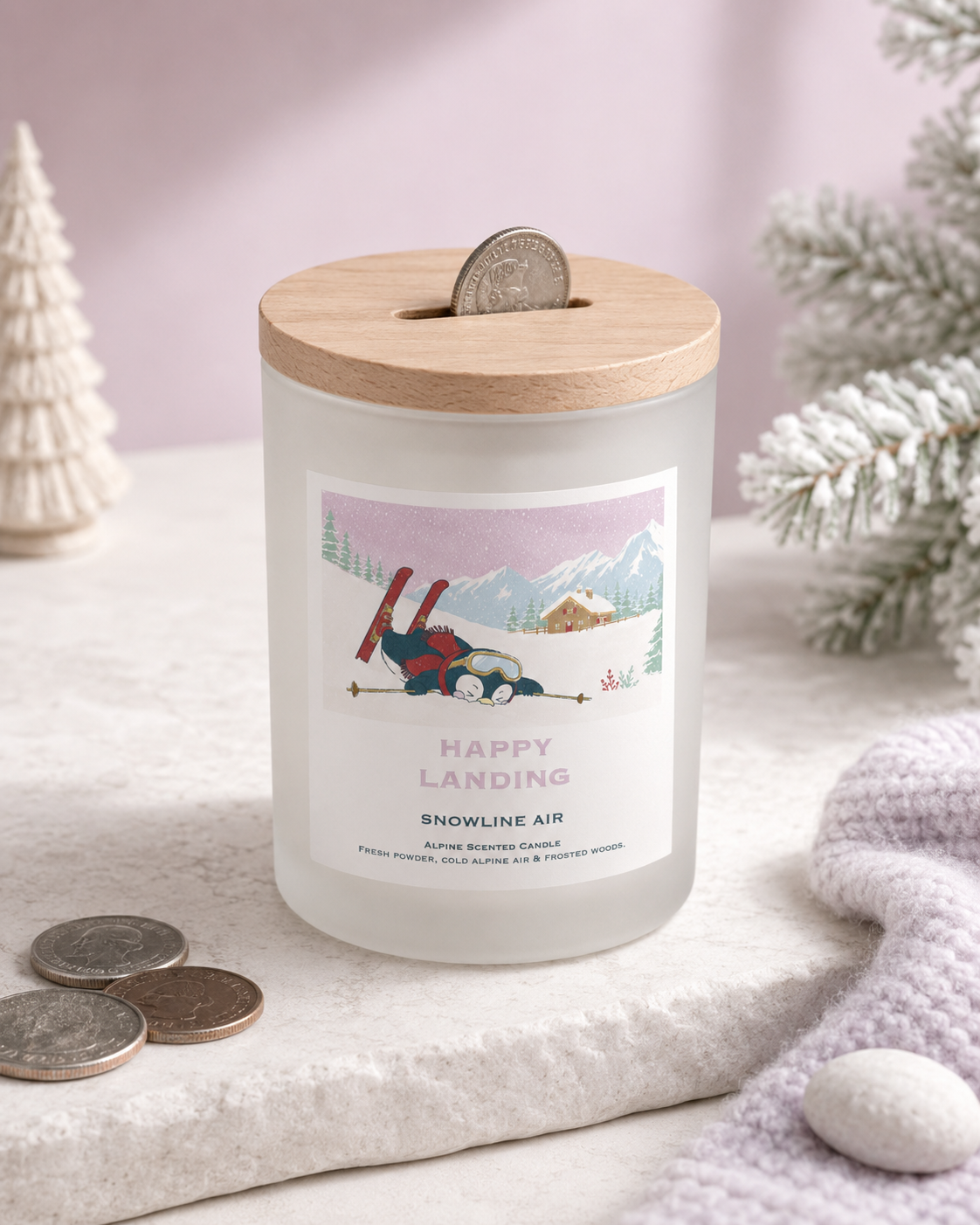 Happy Landing candle reused as a coin bank with a coin inserted through its wooden lid.