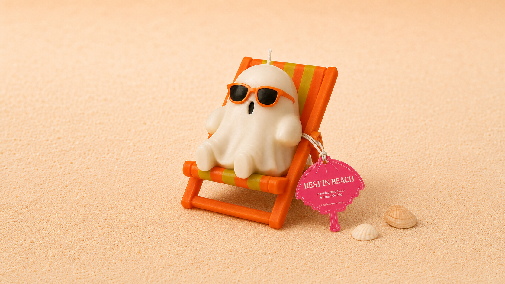 Rest in Beach ghost-shaped candle wearing sunglasses on an orange deck chair.